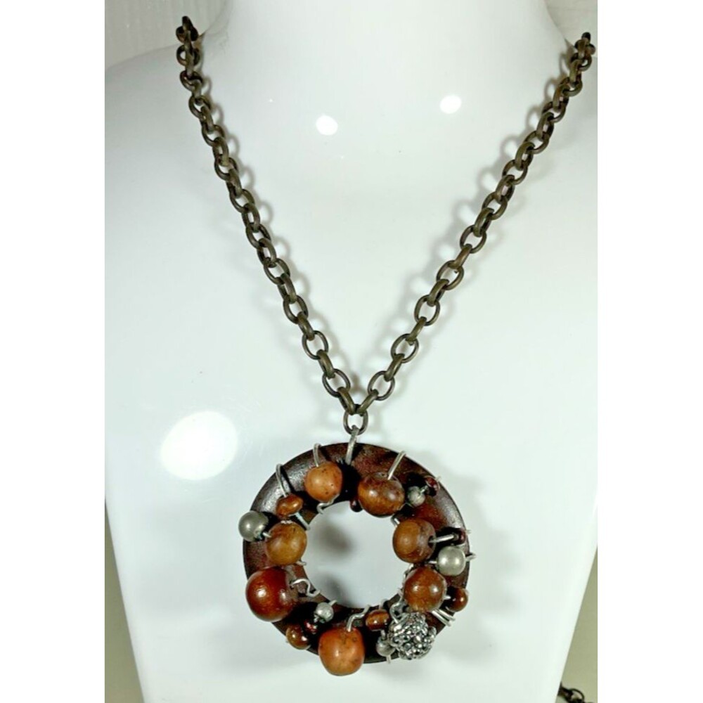 Handcrafted Necklace Round Wood Pendant Beaded Gun Metal Chain 16.5” Boho Rare